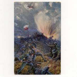 Postcard with a picture of a battle with the Germans
