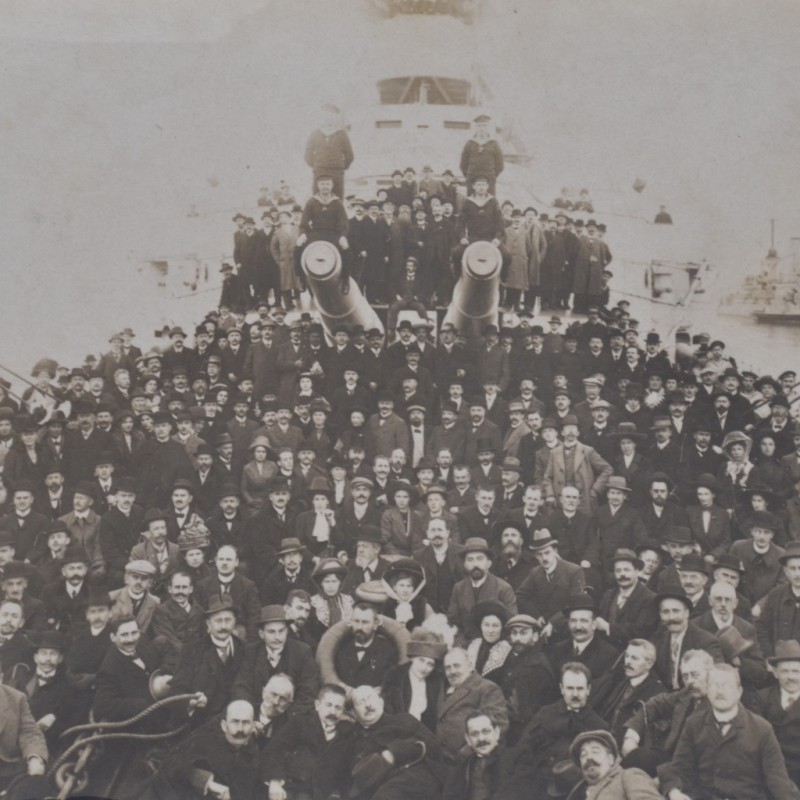 Photo of a group of civilians on the deck of the battleship "pommern"