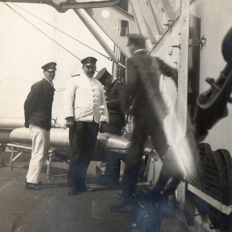 Photo of officers of the Kaiser's Navy in torpedo on Board the ship