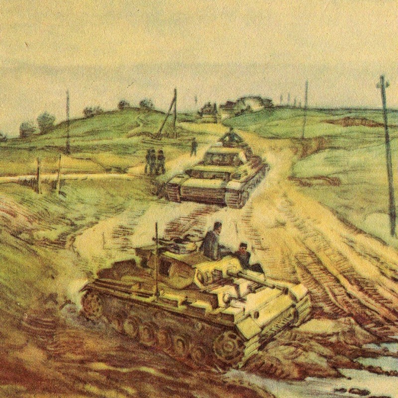 Postcard "Tanks in motion" in figure G. Hensel