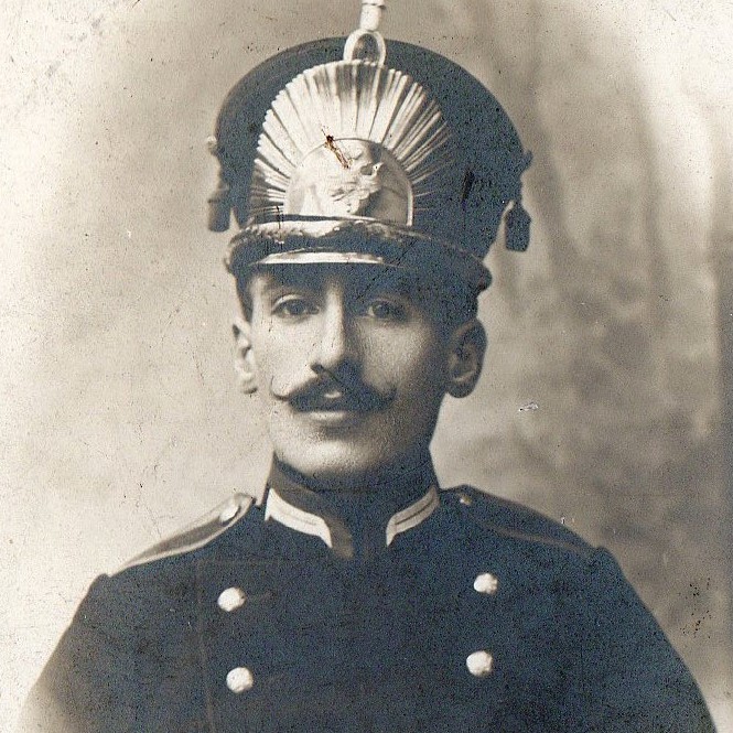 Photo of a cadet of the Alekseevsky military school in a shako of the 1910 model