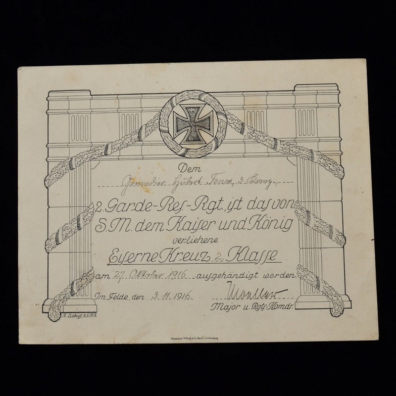 Award document for the Iron Cross of the 2nd class of the 1914 model for the Grenadier Guards
