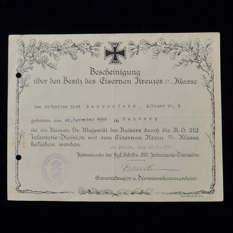 Award document for the Iron Cross of the 2nd class of the sample of 1914 for the huntsman