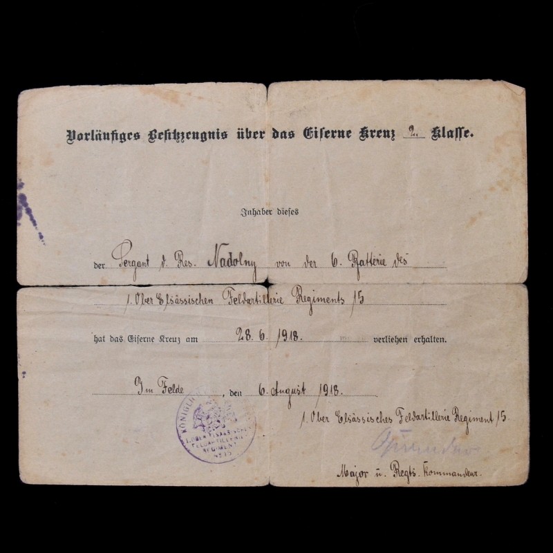 Award document for the Iron Cross of the 2nd class of the sample of 1914, for the gunner