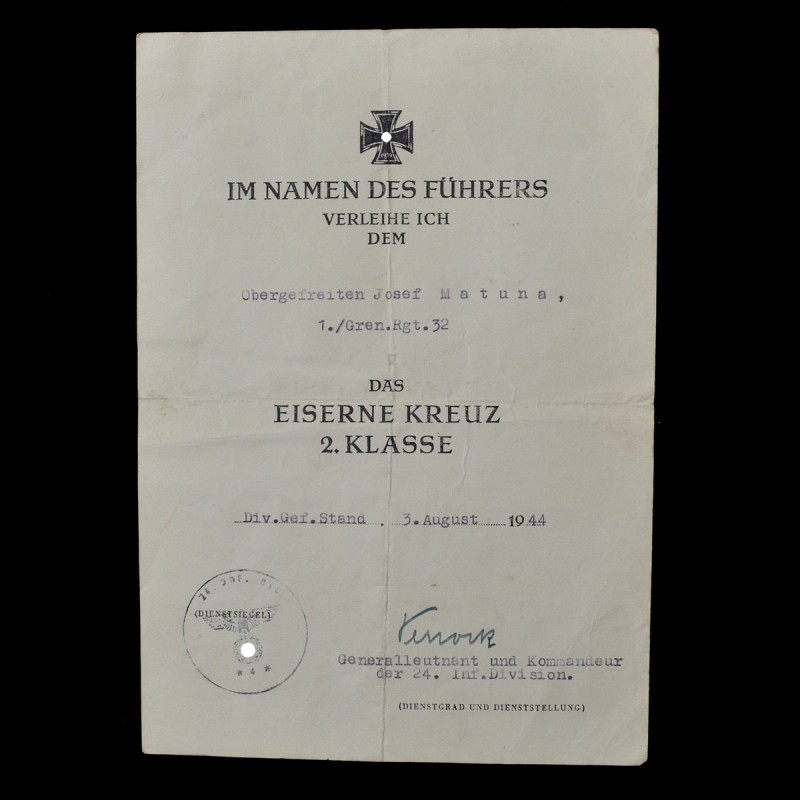 Award document for the Iron Cross of the 2nd class of the sample of 1939