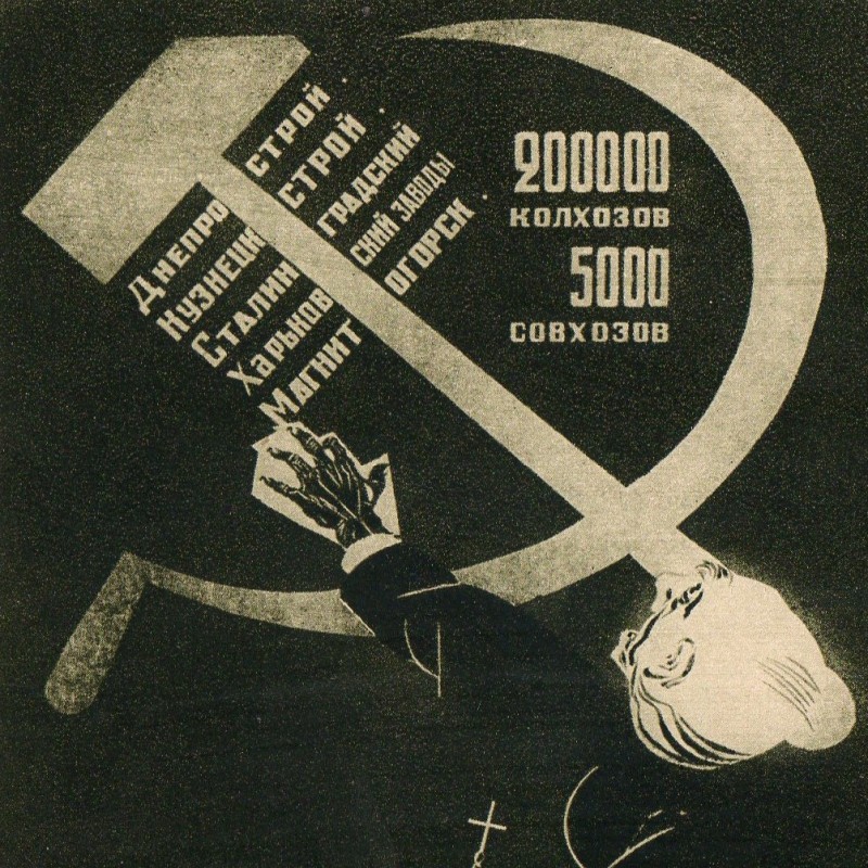 Postcard based on the poster of D. Moore in 1933 "200,000 collective farms, 5000 state farms"