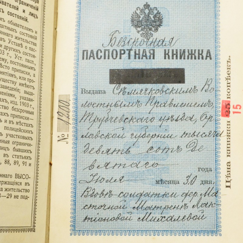 Passport book in the name of M. Mikhaleva, 1909