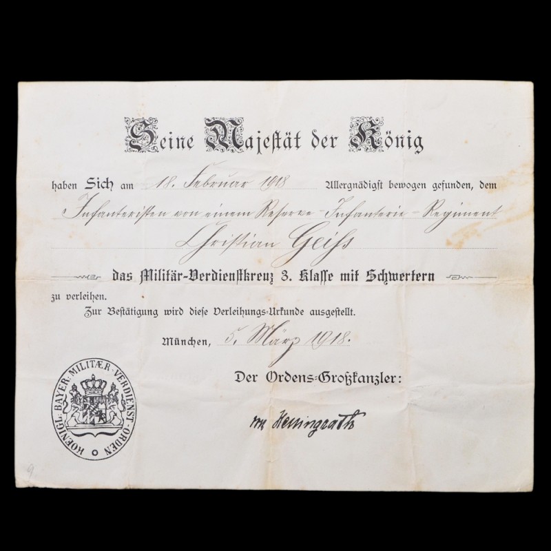 Award document for the Bavarian Cross of Military Merit of the 3rd class with swords