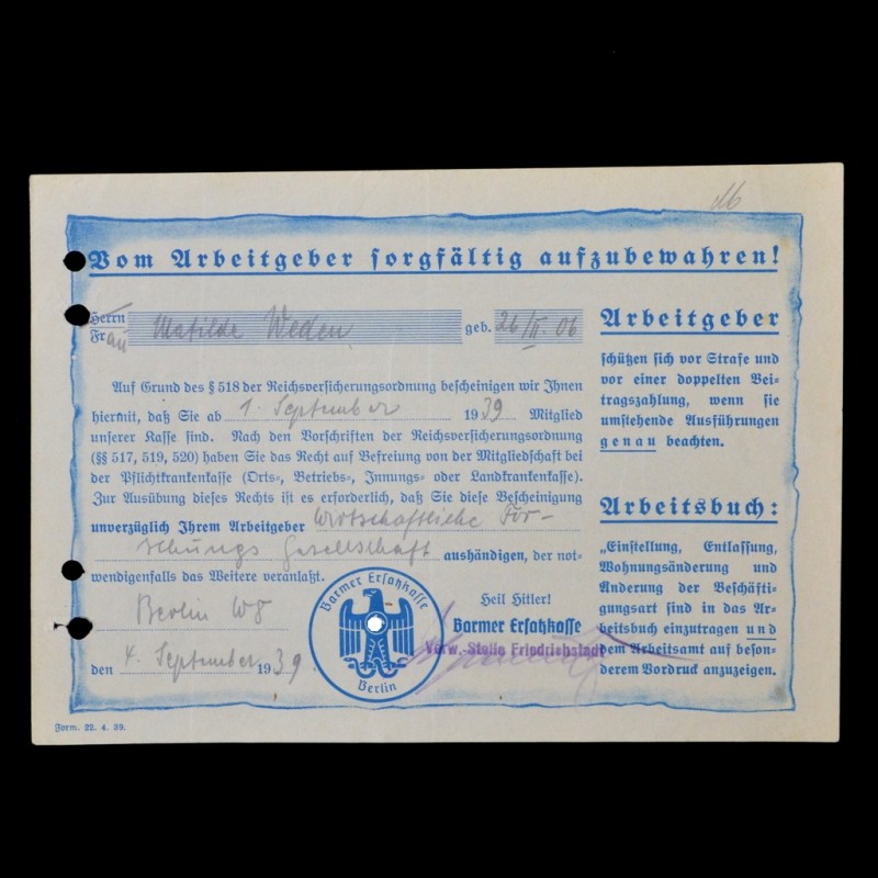 Document social insurance of the German worker, 1939