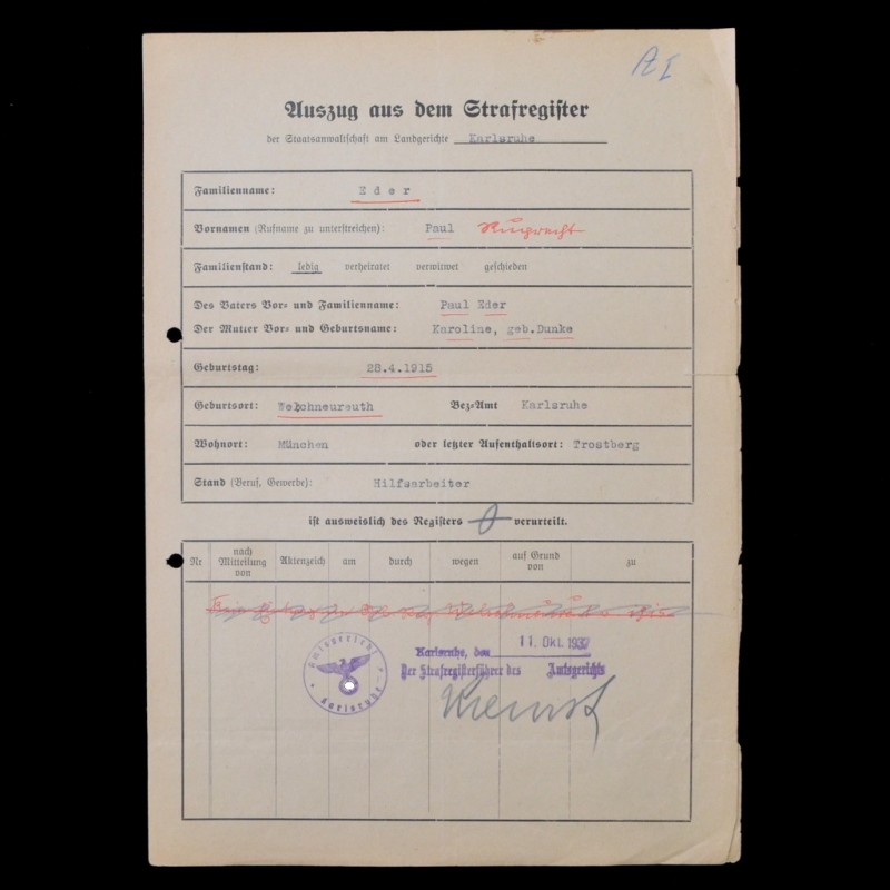Certificate of no criminal record, 1937