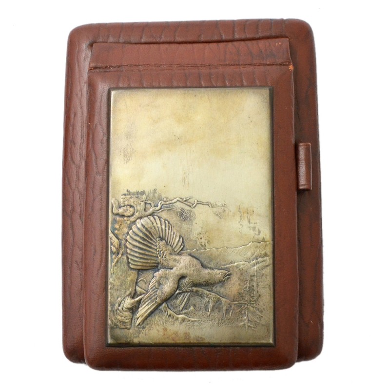 Leather folder-notebook with a silver overlay with the image of a black grouse