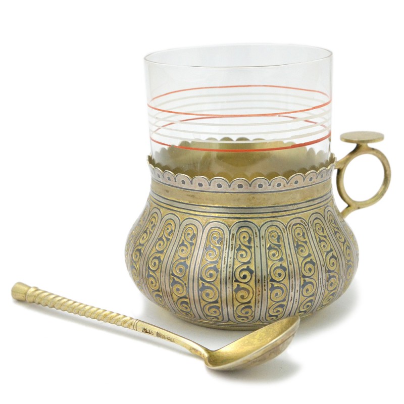 Russian silver cup holder by A. Chevarzin, with a spoon, 1867