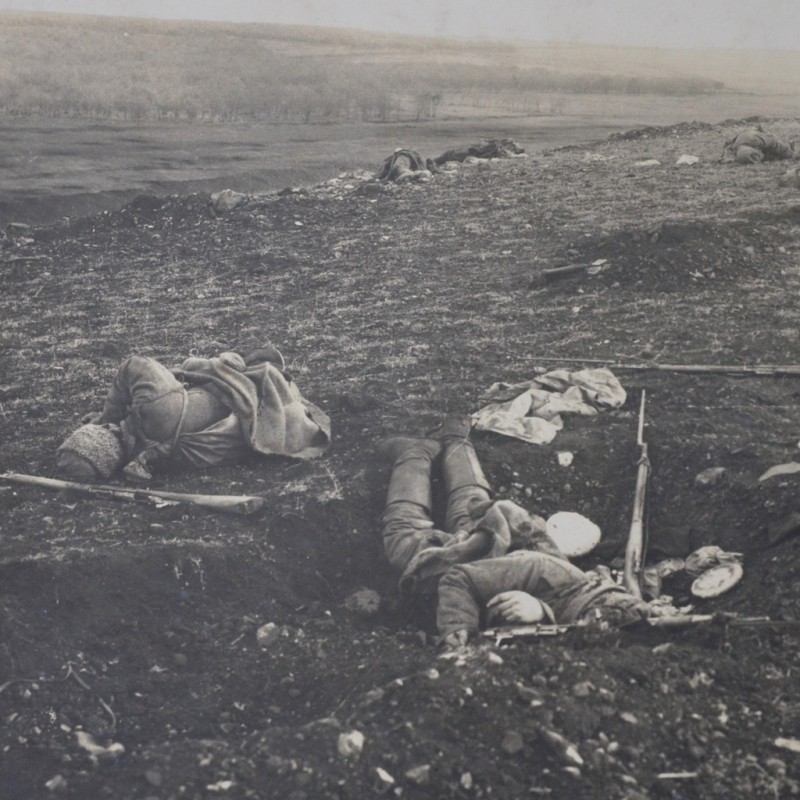 Large-format photo of the dead Russian soldiers after artillery shelling