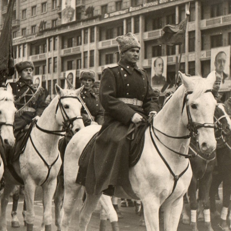 Photo of the cavalry formation before the Parade on November 7, 1945 in Moscow, TASS newsreel