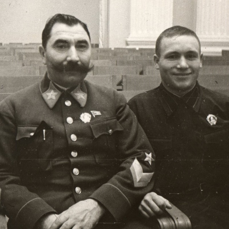 Photo of Marshal S.M. Budyonny with the awarded Fisenko brothers, TASS newsreel
