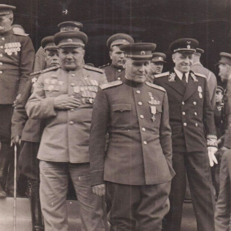 Photo Marshals I.S. Konev, P.S. Rybalko, A.I. Eremenko, and V.A. Zorin after being awarded orders in Prague in June 1945.