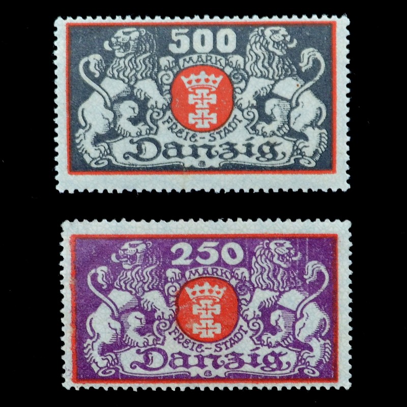 Two stamps in denominations of 250 and 500 marks of the free city of Danzig