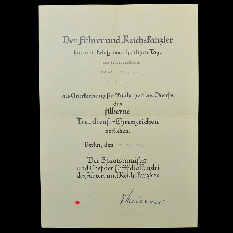 Award document for the cross for 25 years of civil service on the locomotive-Fuhrer