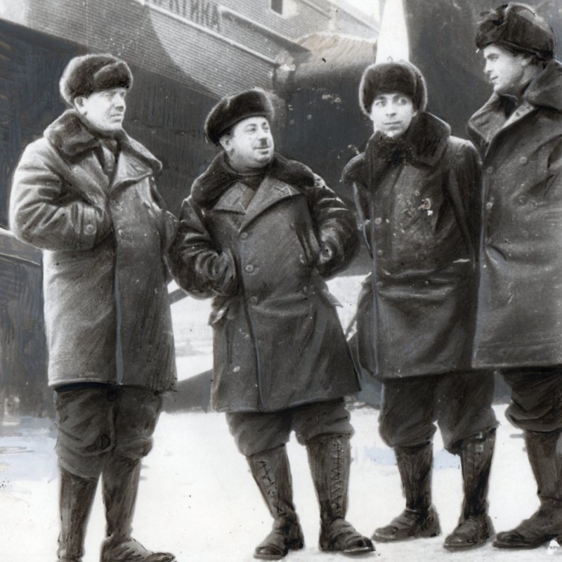 Press photo of Arctic researchers Krenkel, Papanin, Fedorov and Chirkov
