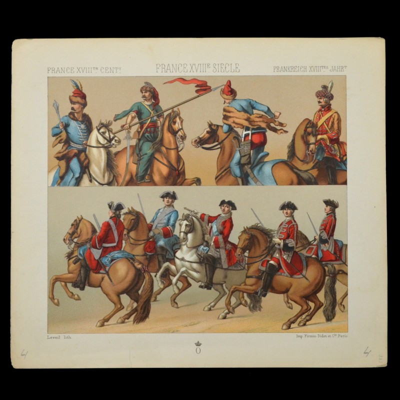 Lithograph with samples of uniforms of the French army of the XVIII century