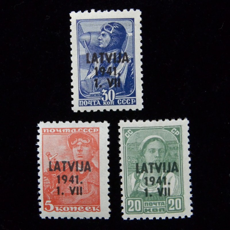 Lot of standard Soviet stamps with the overprint "LATVIJA 1941.1.VII». occupation of Latvia
