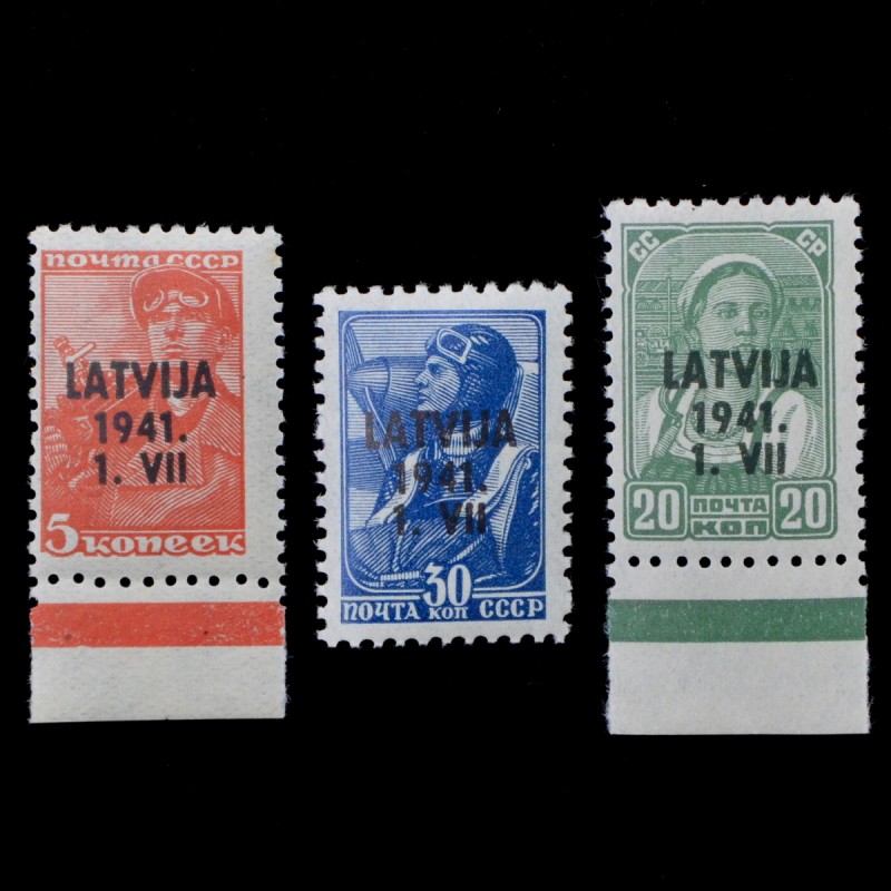 A lot of standard Soviet stamps with the overprint "LATVIJA 1941.1.VII", occupation of Latvia