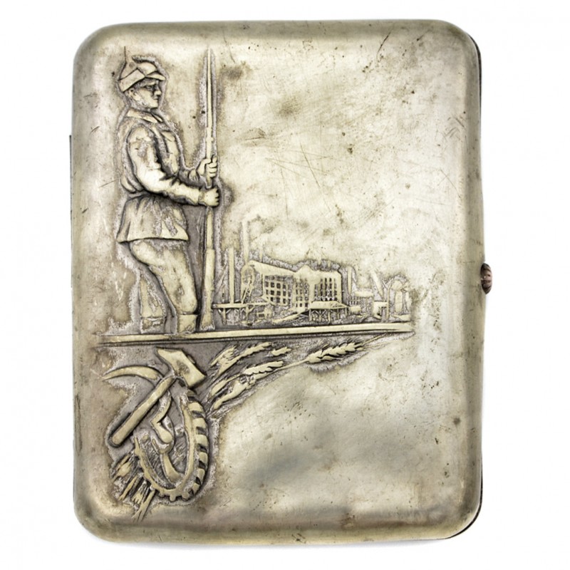 Soviet cigarette case with the image of a Red Army soldier
