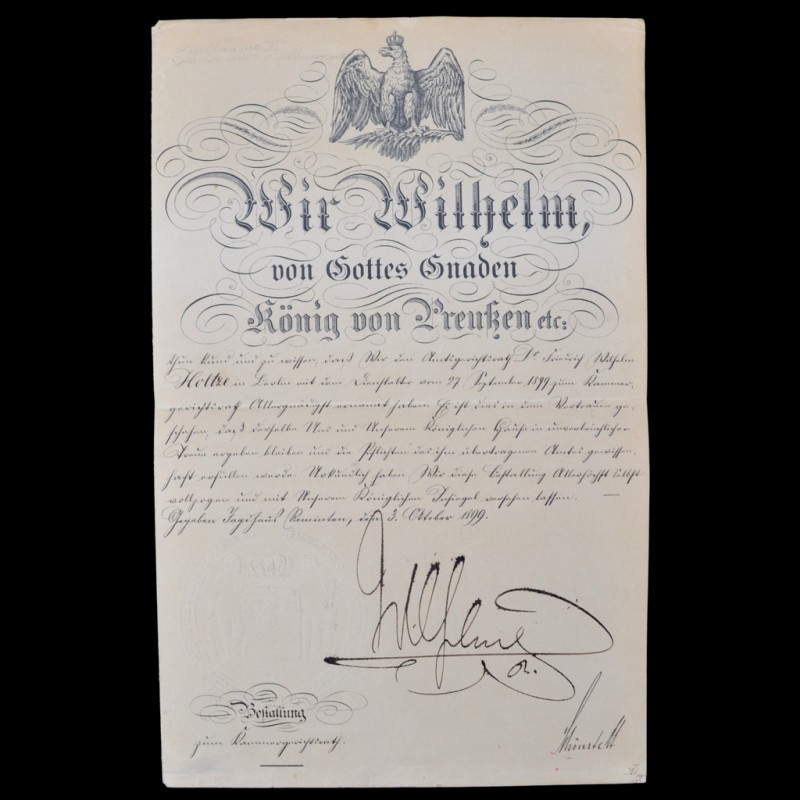 A document for the rank of "regierungsrat" by F. Holze with the signature of Wilhelm II