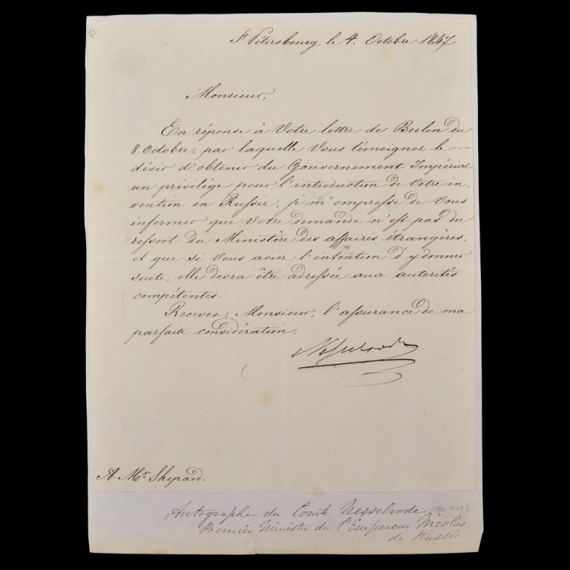 Handwritten letter of the Russian diplomat K. Nesselrode to Mr. Shepherd, 1847
