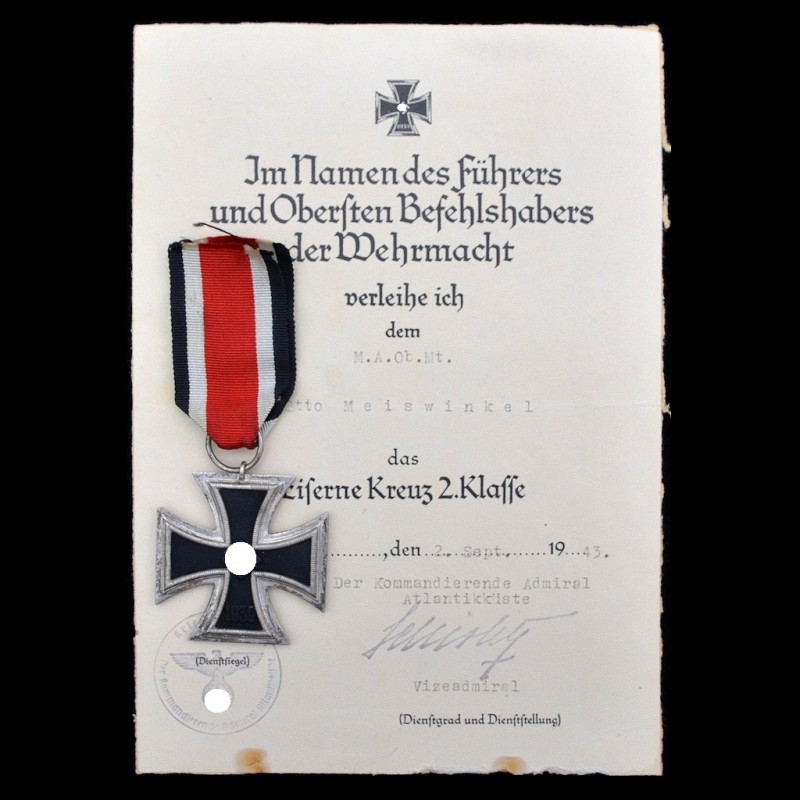 Iron Cross of the 2nd class of the 1939 model with the owner 's document – a Kriegsmarine sailor