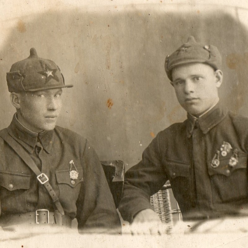 Photo of two Red Army soldiers of the Red Army with sports badges