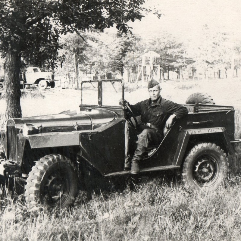 Photo of a Red Army driver or tanker in an army jeep