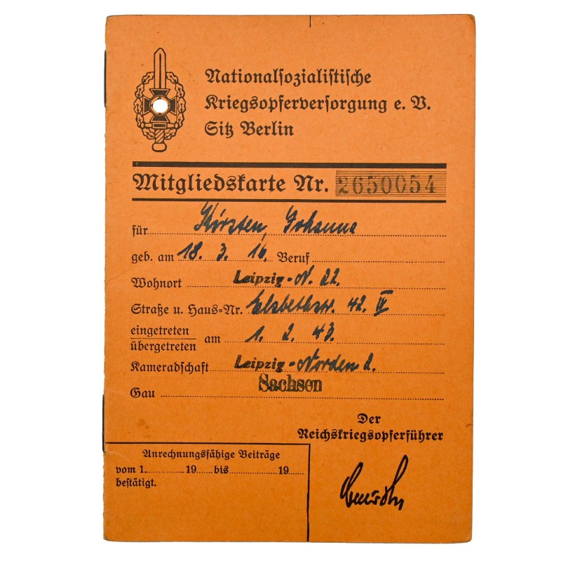 NSKOV member's certificate, 1943