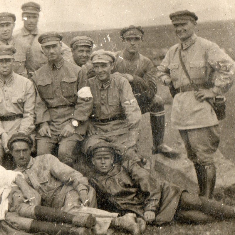 Early group photo of Red Army military helicopters and airfield personnel