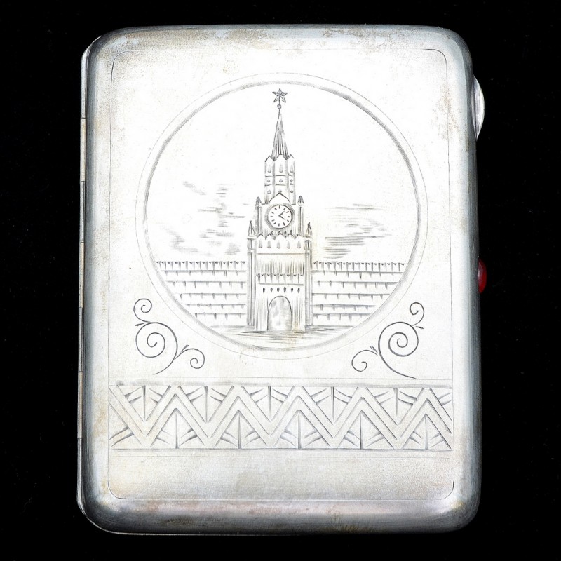 Soviet silver cigarette case with the image of the Spasskaya Tower of the Kremlin