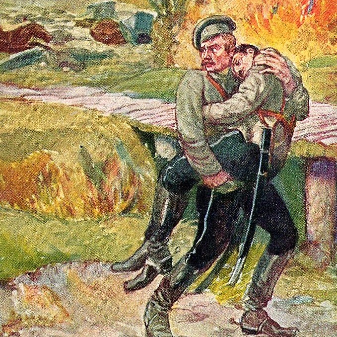 Postcard of the period of the First World War "Devotion of the Russian soldier"