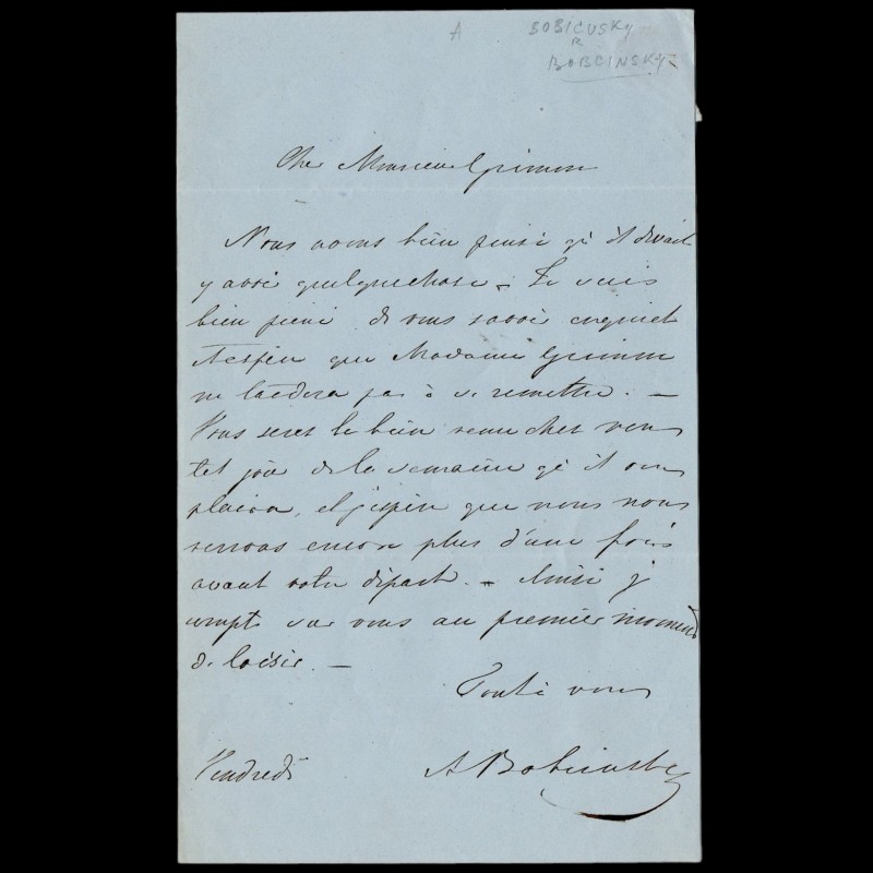 A handwritten letter from the great-grandson of Catherine II and Count Orlov A. Bobrinsky