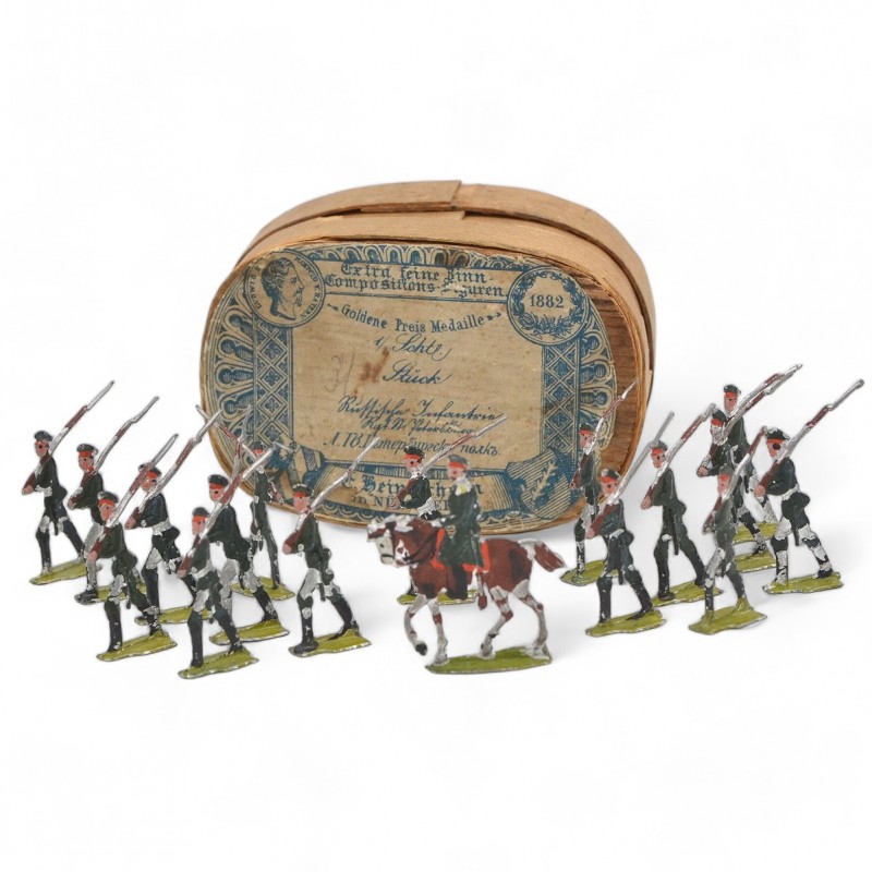 A set of tin soldiers in the uniform of the Life Guards of the St. Petersburg Regiment in a case