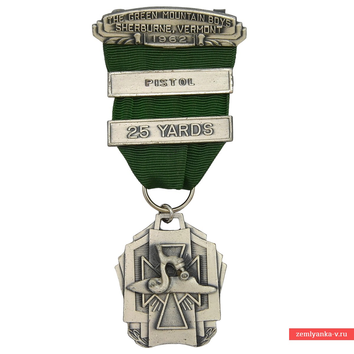Silver Medal of the Green Mountain Boys organization for shooting at 25 yards with a flintlock pistol, 1962