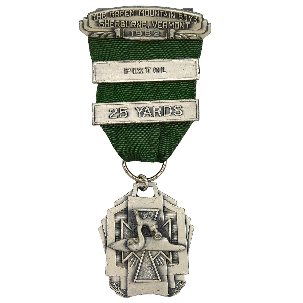 Silver Medal of the Green Mountain Boys organization for shooting at 25 yards with a flintlock pistol, 1962