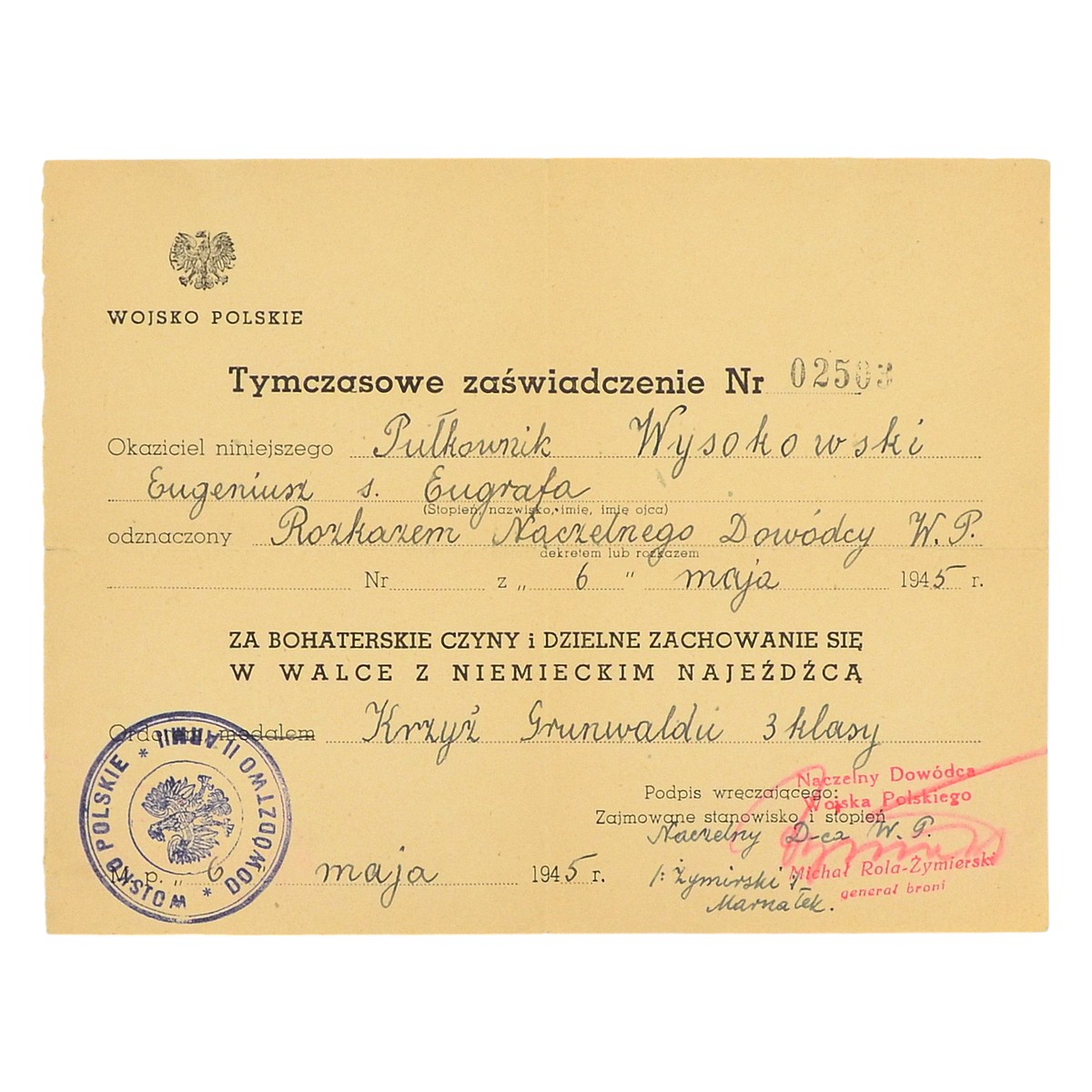 A document for the Grunwald cross of the 3rd class in the name of Soviet Colonel E.E. Vysokovsky, 1945.