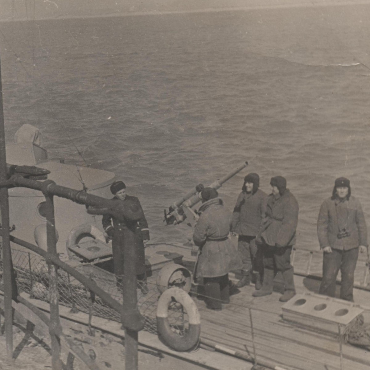 Photo of the commander and sailors of the Red Army on board the landing boat