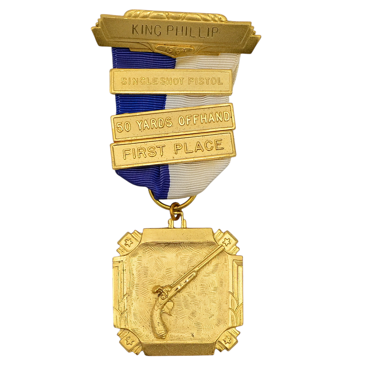 Gold medal of the King Philip Club for firing a percussion cap pistol at 50 yards offhand, 1964