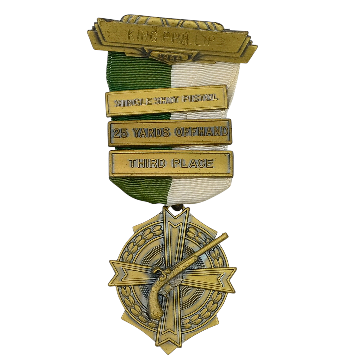 Bronze medal of the King Philip Club for firing a 25-yard percussion cap pistol, 1964