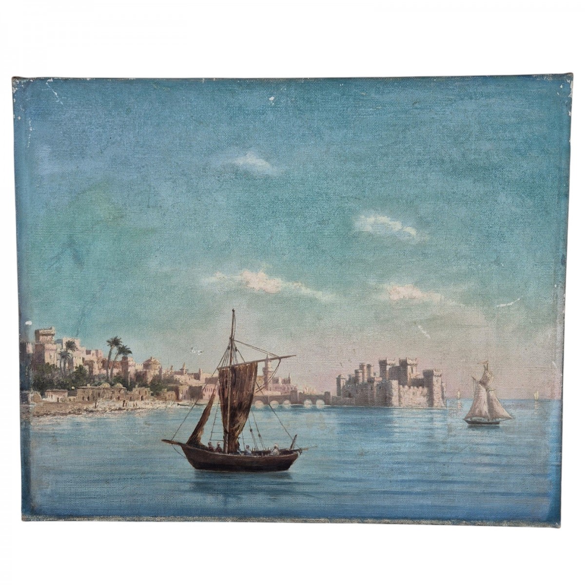 Pre-revolutionary painting "Sailboat in the port"