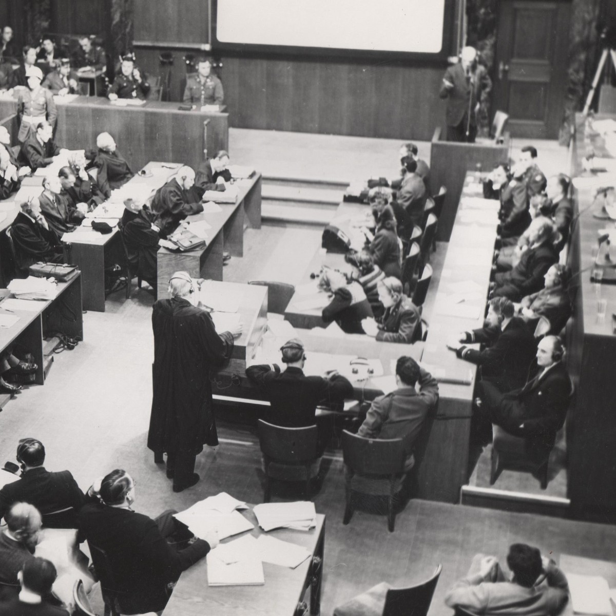 Photo of one of the court sessions at the Nuremberg trials in 1945, photograph by E. Khaldei