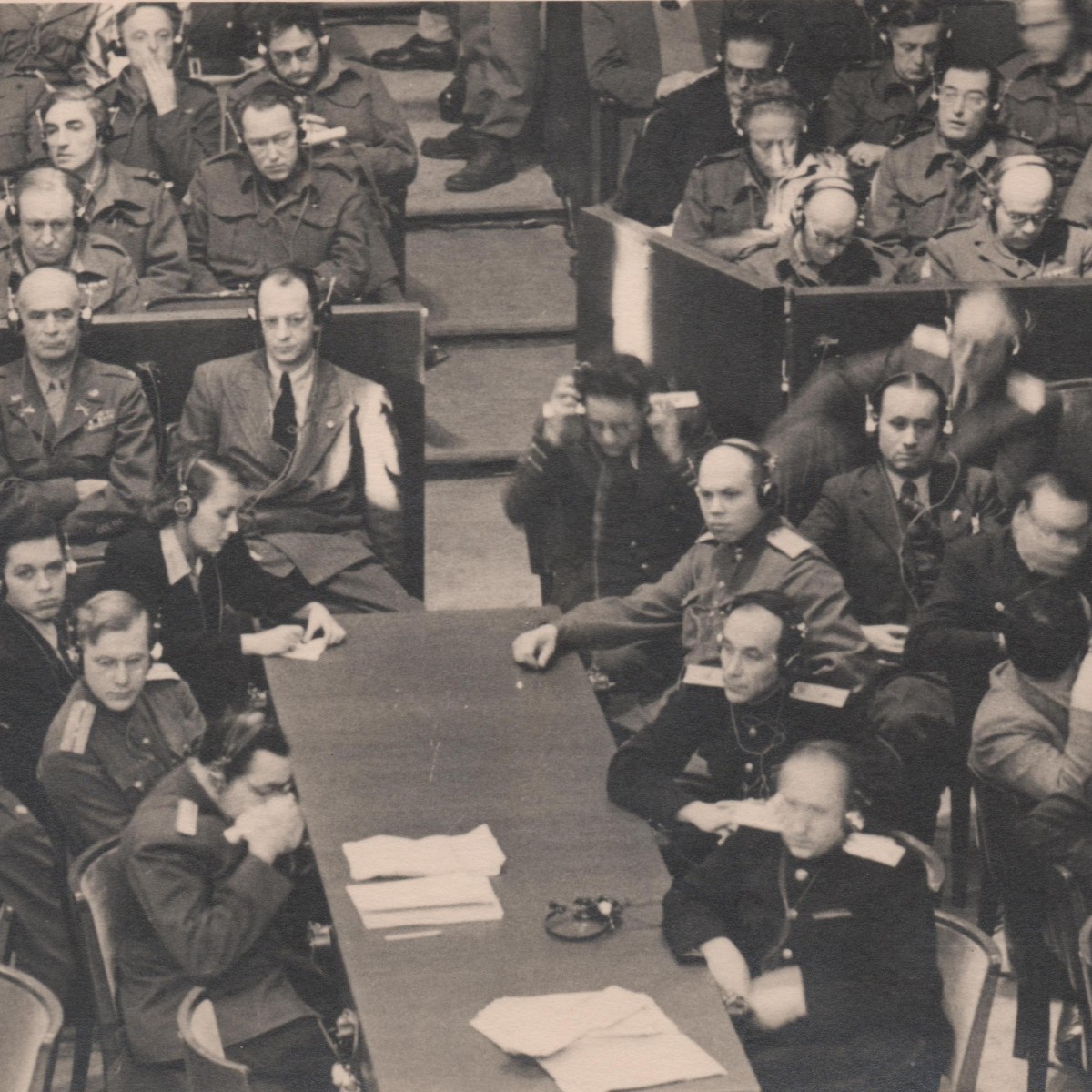 Photo of one of the court sessions at the Nuremberg trials in 1945, photograph by E. Khaldei