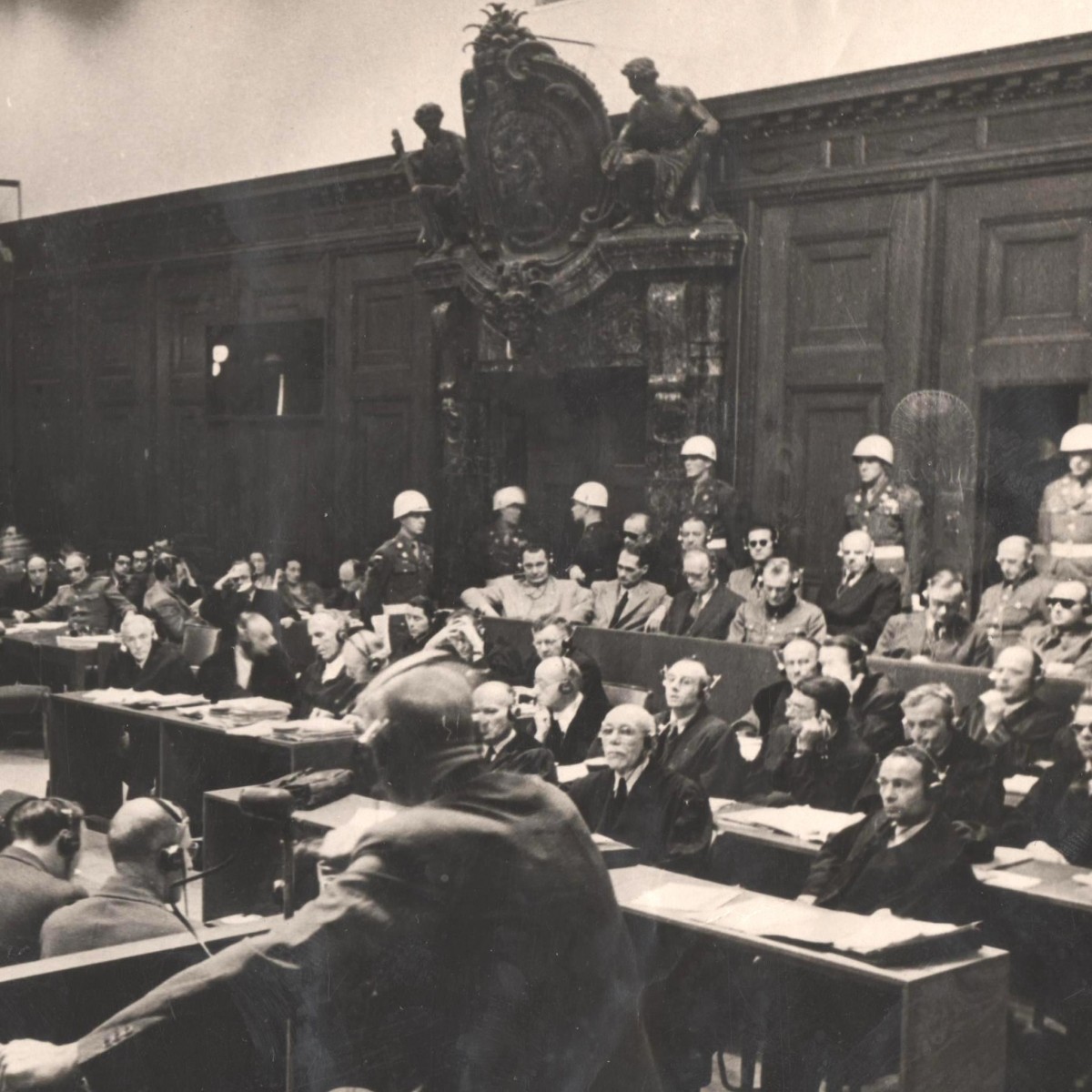 Panoramic shot of the Nuremberg trial courtroom, photo by E. Khaldei