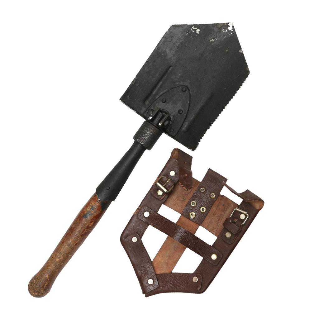 Folding army shovel in a case