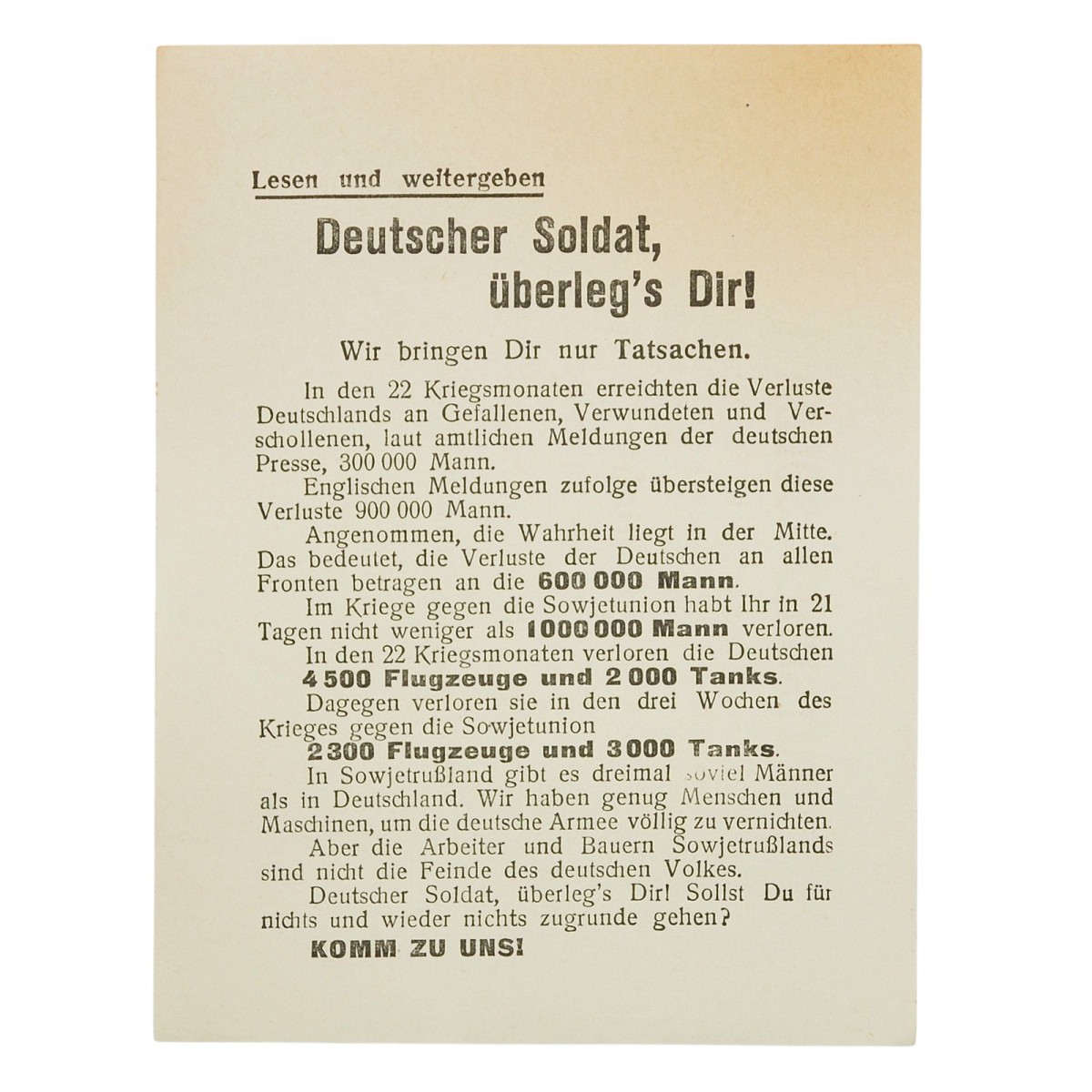 Soviet leaflet for Wehrmacht soldiers "German soldier, think about it"